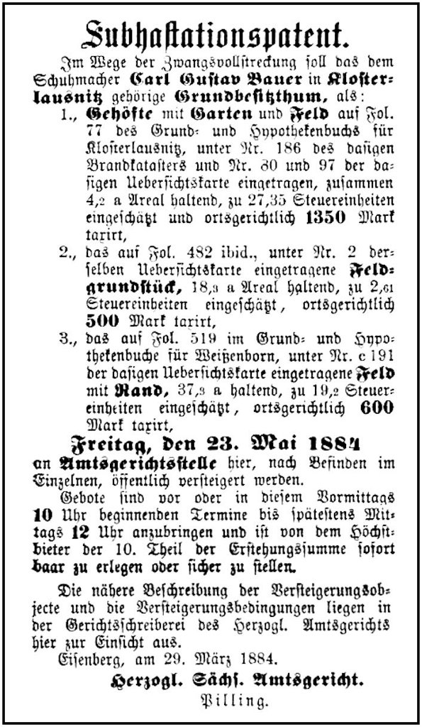 1884-03-31 Kl Zwangsversteigerung Bauer